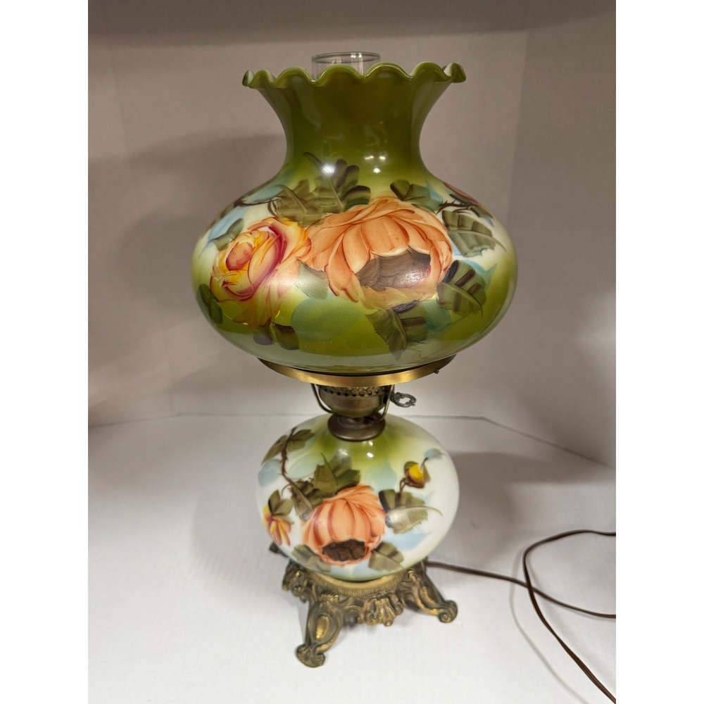 Vintage Gone with the Wind Hurricane Lamp Hand Painted Floral Green Orange Rose - Picture 5 of 8